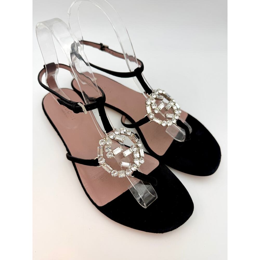 Gucci Black Suede Crystal GG Thong Sandals Size 37.5 / 7 Flat T-strap Gladiator - Picture 6 of 15